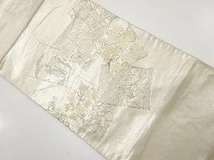 アンティーク　色紙に十二単・群鶴・枝梅模様刺繍袋帯（材料）